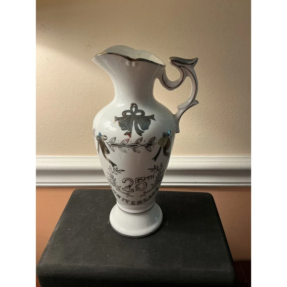 Lefton China 25th Anniversary Pitcher Vintage Silver Trim Porcelain Ewer SL2283N